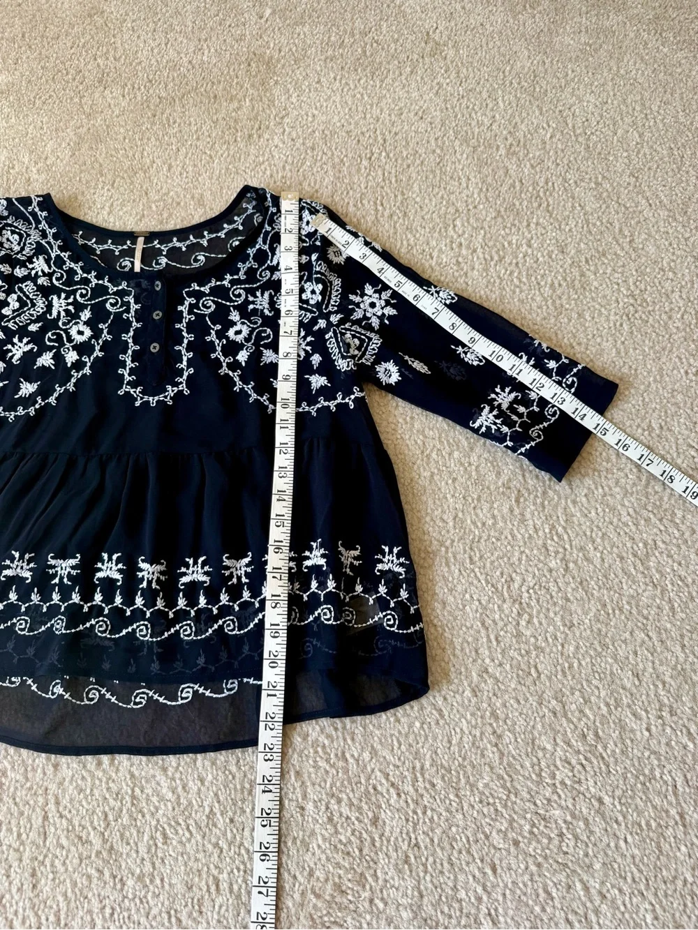 FREE PEOPLE Black Sheer Embroidered Babydoll Peplum Blouse—SZ. Small